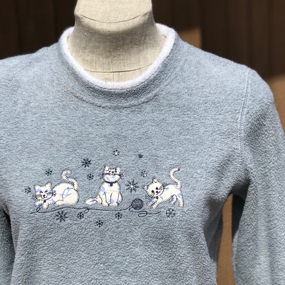 Vintage Cat Fleece Sweatshirt Embroidered Applique Gray Women's Petite S PS 1980 - Picture 3 of 8